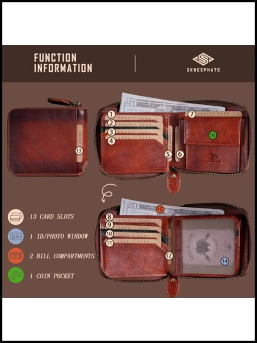Men's Genuine Leather RFID Blocking Zipper Wallet with Coin Pocket